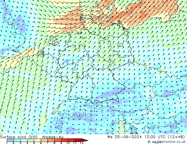 Bodenwind (bft) Arpege-eu Mi 25.09.2024 12 UTC