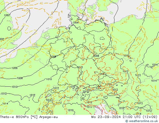 Theta-e 850гПа Arpege-eu пн 23.09.2024 21 UTC