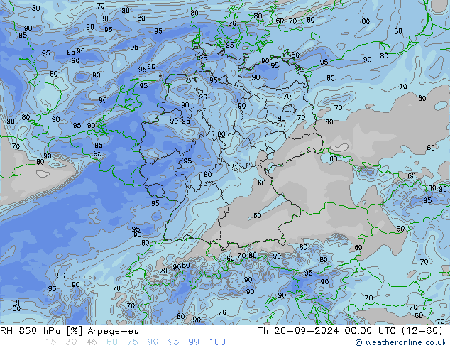 RH 850 hPa Arpege-eu Čt 26.09.2024 00 UTC