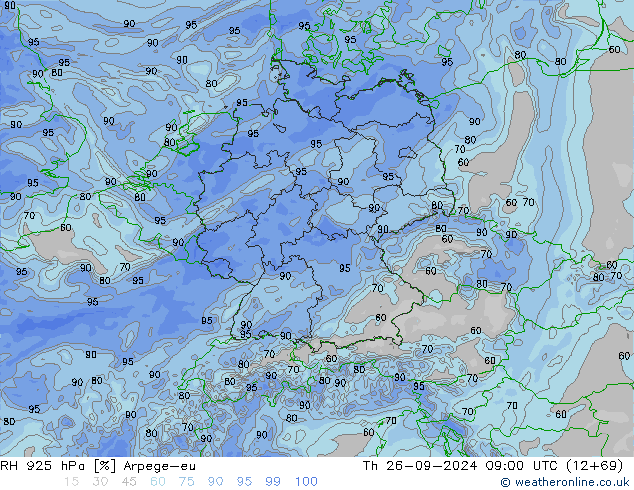 Humedad rel. 925hPa Arpege-eu jue 26.09.2024 09 UTC