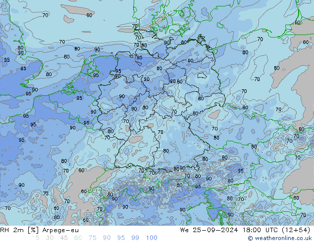 Humedad rel. 2m Arpege-eu mié 25.09.2024 18 UTC