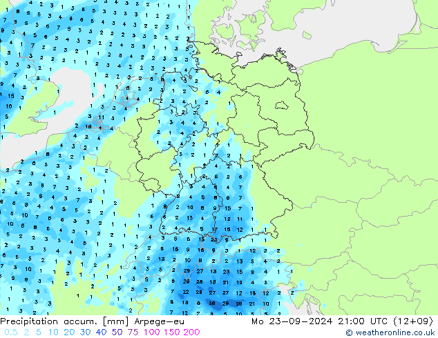 Precipitation accum. Arpege-eu lun 23.09.2024 21 UTC