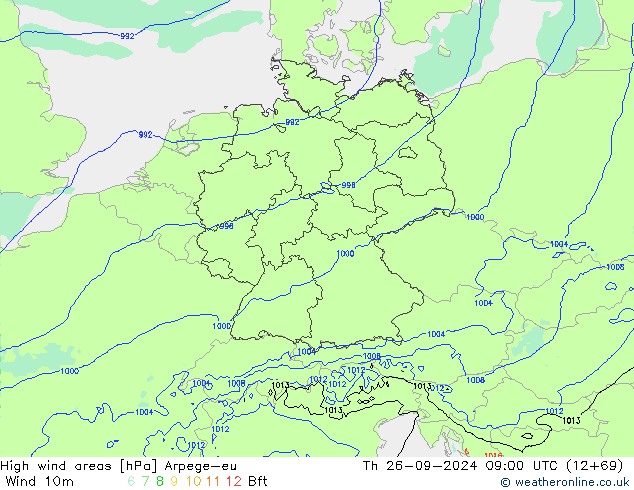 High wind areas Arpege-eu jue 26.09.2024 09 UTC