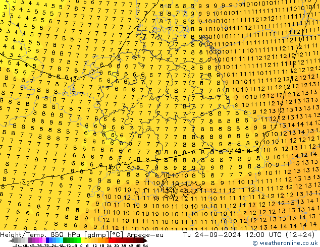 Hoogte/Temp. 850 hPa Arpege-eu di 24.09.2024 12 UTC