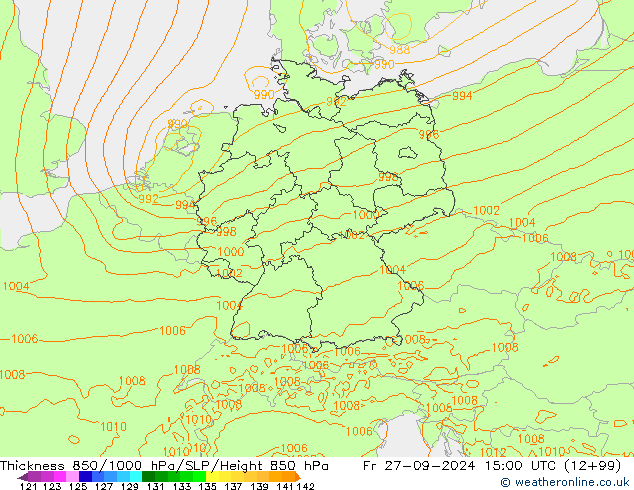 Thck 850-1000 гПа Arpege-eu пт 27.09.2024 15 UTC