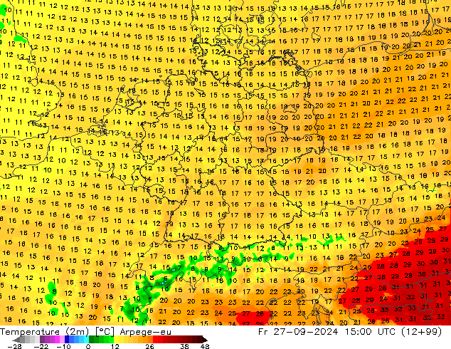 Temperaturkarte (2m) Arpege-eu Fr 27.09.2024 15 UTC