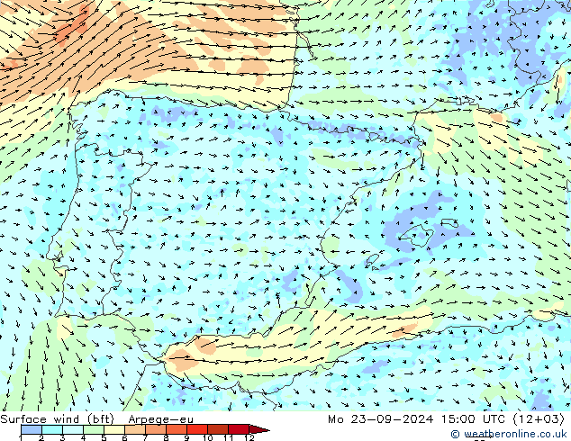 Vent 10 m (bft) Arpege-eu lun 23.09.2024 15 UTC