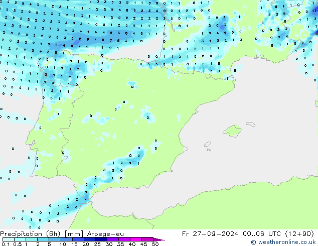 Totale neerslag (6h) Arpege-eu vr 27.09.2024 06 UTC