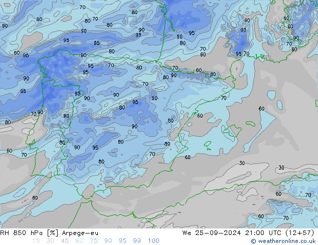 RH 850 hPa Arpege-eu We 25.09.2024 21 UTC