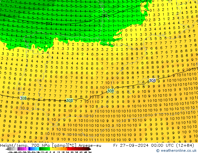 Height/Temp. 700 hPa Arpege-eu Sex 27.09.2024 00 UTC