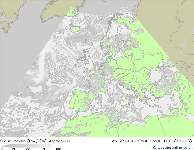 Cloud cover (low) Arpege-eu Mo 23.09.2024 15 UTC