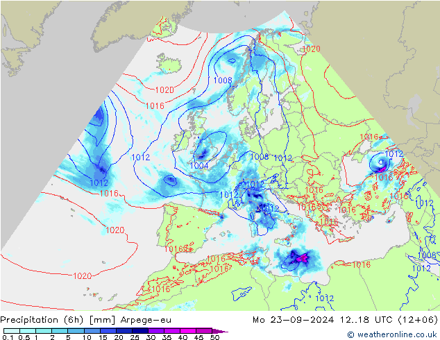 осадки (6h) Arpege-eu пн 23.09.2024 18 UTC