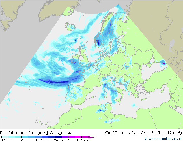 Precipitation (6h) Arpege-eu We 25.09.2024 12 UTC