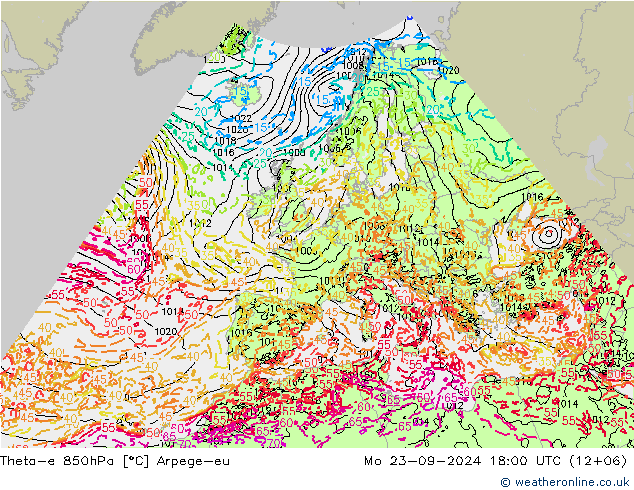 Theta-e 850hPa Arpege-eu Mo 23.09.2024 18 UTC