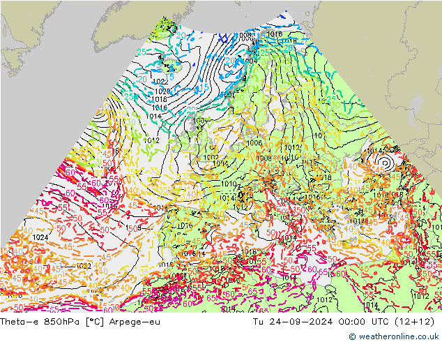 Theta-e 850гПа Arpege-eu вт 24.09.2024 00 UTC