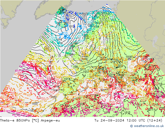 Theta-e 850hPa Arpege-eu Sa 24.09.2024 12 UTC