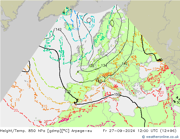 Hoogte/Temp. 850 hPa Arpege-eu vr 27.09.2024 12 UTC