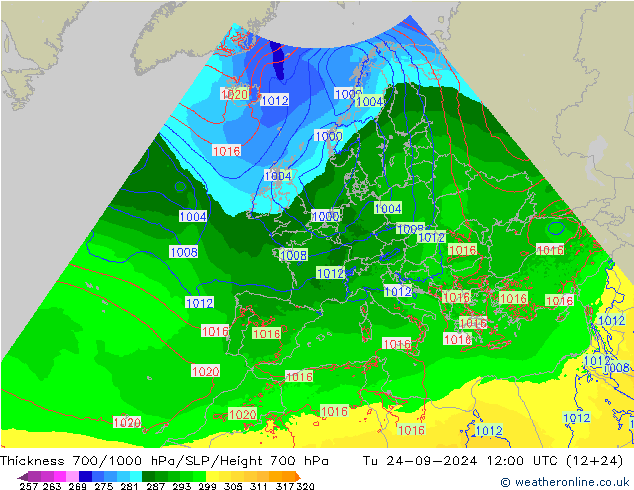 Thck 700-1000 hPa Arpege-eu Tu 24.09.2024 12 UTC