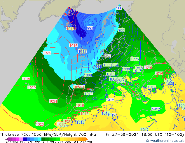 Thck 700-1000 hPa Arpege-eu  27.09.2024 18 UTC