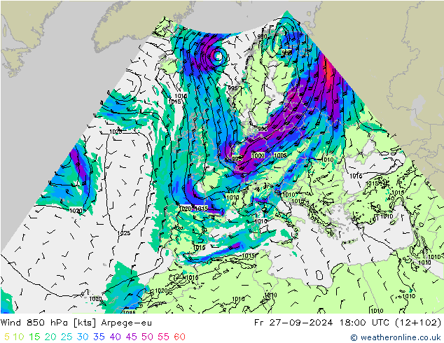 Vent 850 hPa Arpege-eu ven 27.09.2024 18 UTC