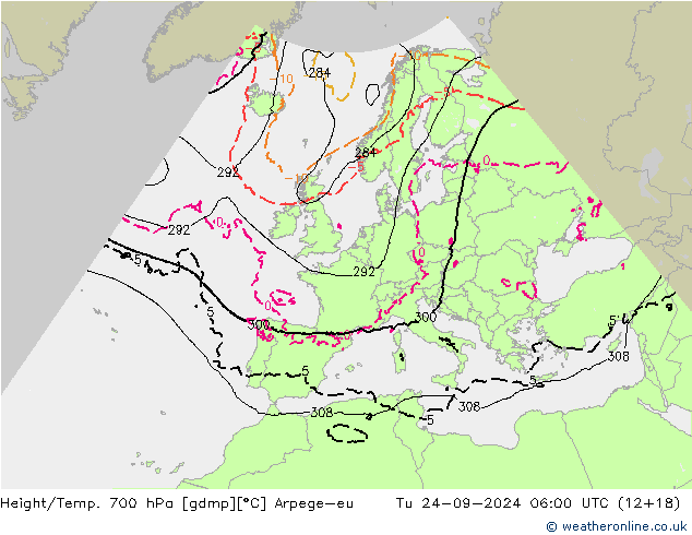 Height/Temp. 700 hPa Arpege-eu Út 24.09.2024 06 UTC