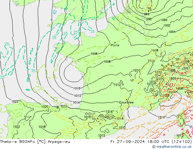 Theta-e 850hPa Arpege-eu pt. 27.09.2024 18 UTC