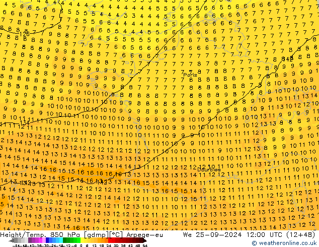 Height/Temp. 850 hPa Arpege-eu śro. 25.09.2024 12 UTC