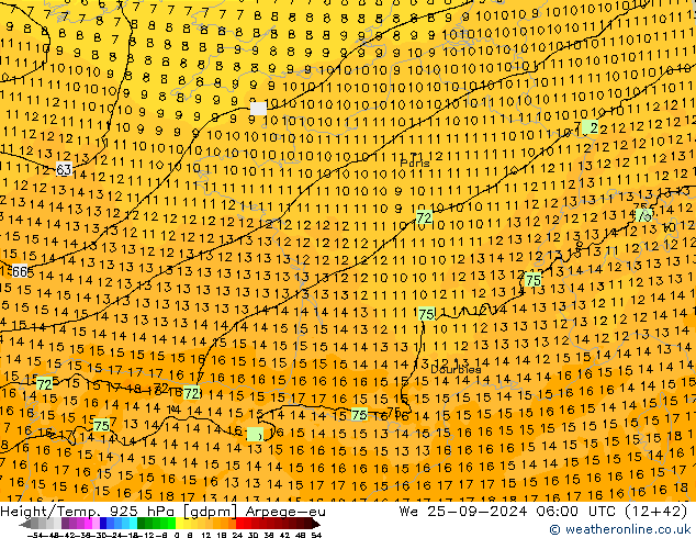 Géop./Temp. 925 hPa Arpege-eu mer 25.09.2024 06 UTC