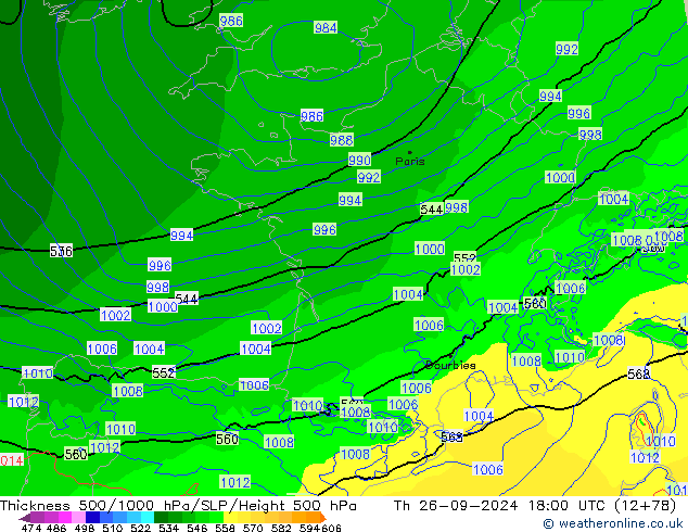 Espesor 500-1000 hPa Arpege-eu jue 26.09.2024 18 UTC