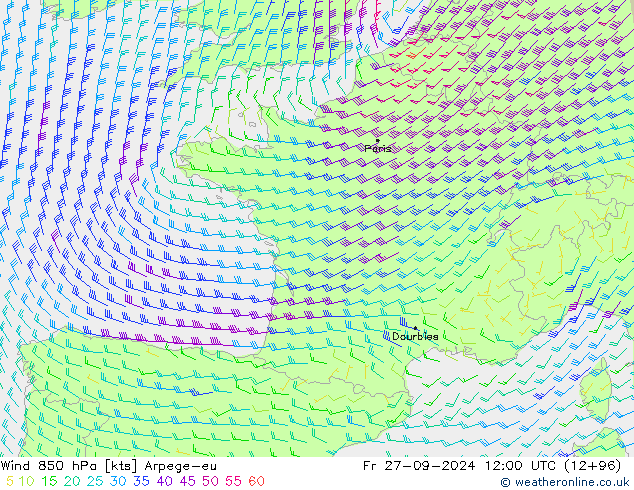 Wind 850 hPa Arpege-eu Fr 27.09.2024 12 UTC