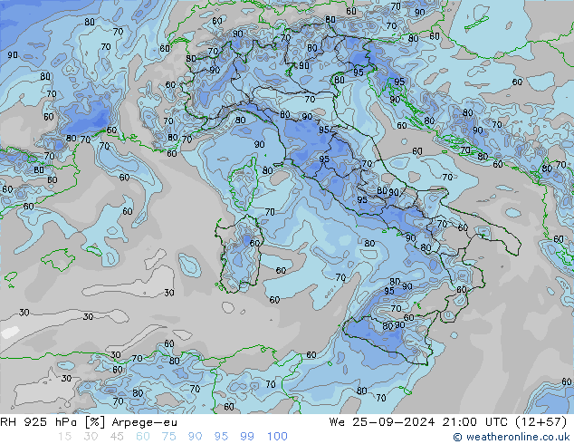 RH 925 hPa Arpege-eu Mi 25.09.2024 21 UTC