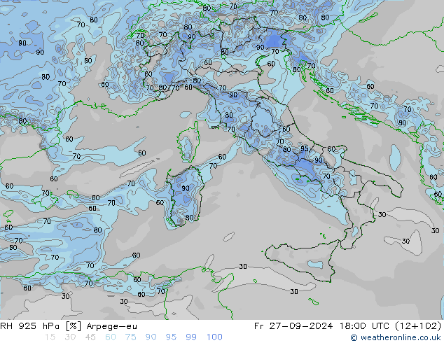 Humedad rel. 925hPa Arpege-eu vie 27.09.2024 18 UTC