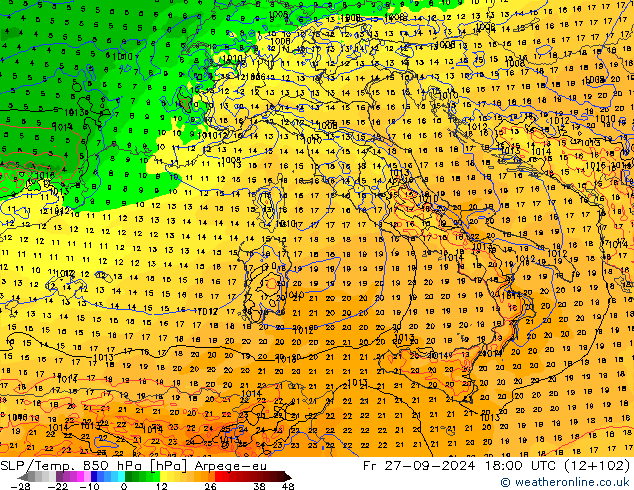 SLP/Temp. 850 гПа Arpege-eu пт 27.09.2024 18 UTC