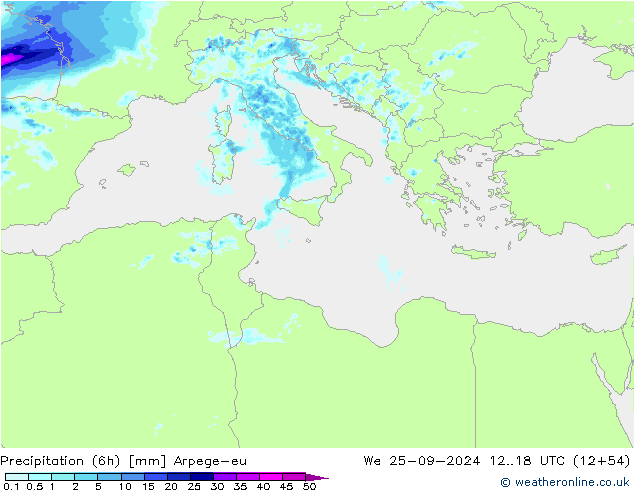 Precipitazione (6h) Arpege-eu mer 25.09.2024 18 UTC