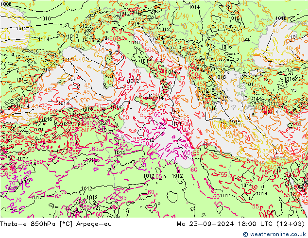 Theta-e 850hPa Arpege-eu Po 23.09.2024 18 UTC