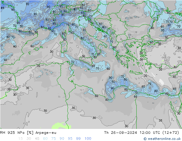 Humidité rel. 925 hPa Arpege-eu jeu 26.09.2024 12 UTC