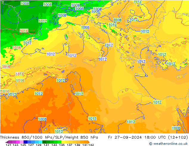 Thck 850-1000 hPa Arpege-eu ven 27.09.2024 18 UTC