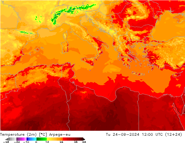 Temperature (2m) Arpege-eu Tu 24.09.2024 12 UTC