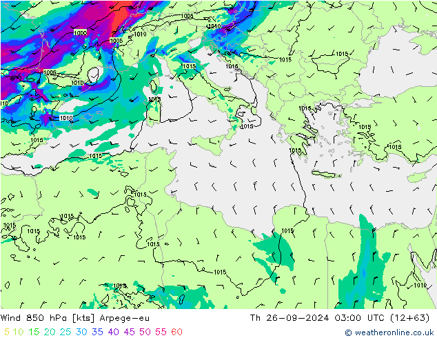 Wind 850 hPa Arpege-eu Th 26.09.2024 03 UTC