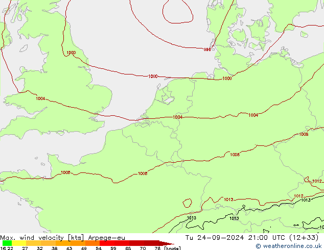 Max. wind velocity Arpege-eu Út 24.09.2024 21 UTC