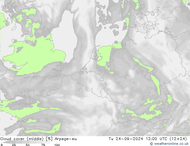 Cloud cover (middle) Arpege-eu Tu 24.09.2024 12 UTC