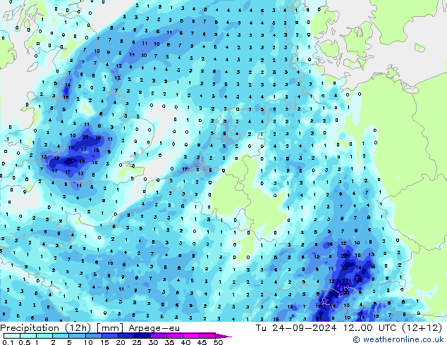 осадки (12h) Arpege-eu вт 24.09.2024 00 UTC