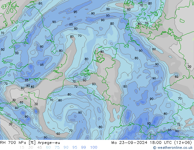 RH 700 hPa Arpege-eu Mo 23.09.2024 18 UTC