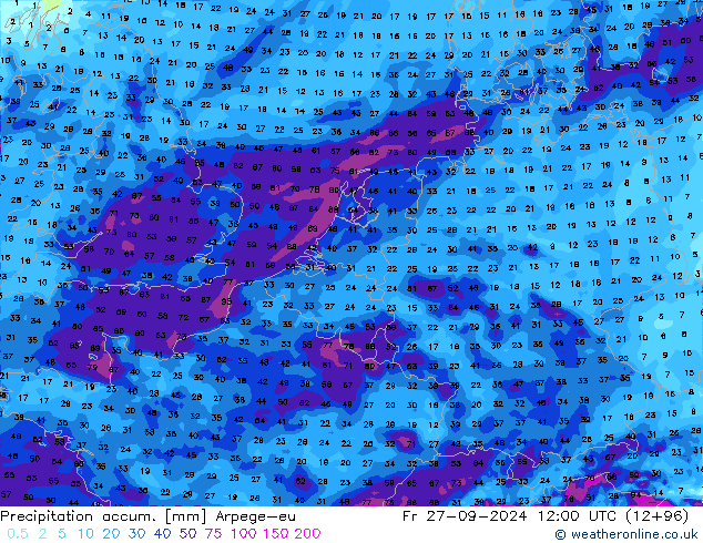 Precipitation accum. Arpege-eu Fr 27.09.2024 12 UTC