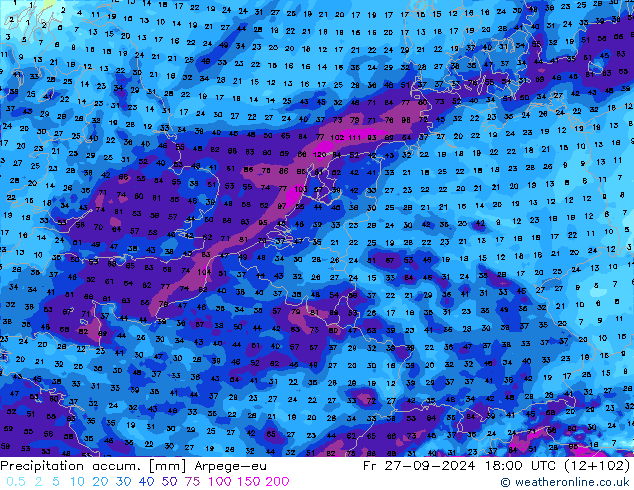 Precipitation accum. Arpege-eu Fr 27.09.2024 18 UTC