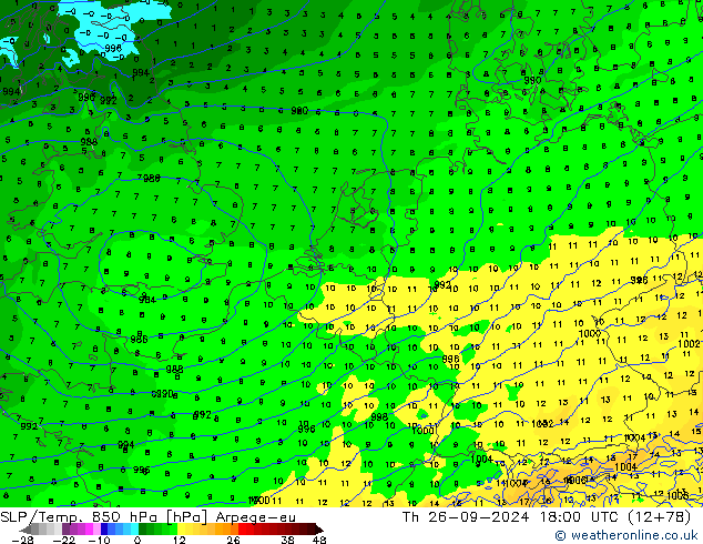 SLP/Temp. 850 hPa Arpege-eu jue 26.09.2024 18 UTC