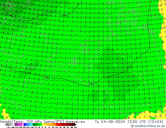 Height/Temp. 700 hPa Arpege-eu Di 24.09.2024 12 UTC