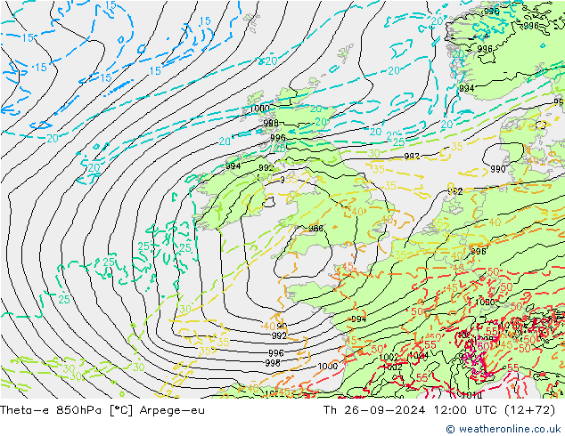 Theta-e 850hPa Arpege-eu gio 26.09.2024 12 UTC