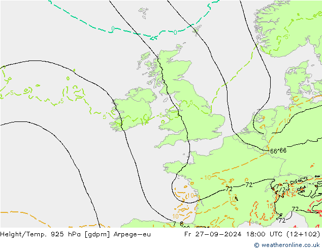 Hoogte/Temp. 925 hPa Arpege-eu vr 27.09.2024 18 UTC