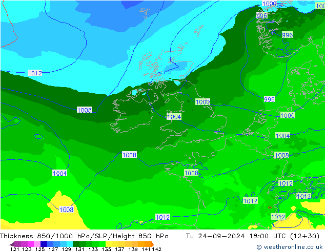 Thck 850-1000 гПа Arpege-eu вт 24.09.2024 18 UTC